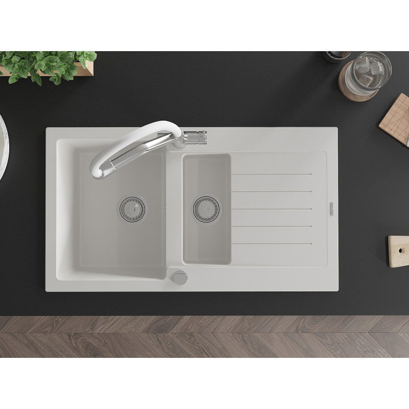 Mexen Matias granite sink 1.5-bowl with drainer and Duo kitchen tap, white - 6502-20-671701-02
