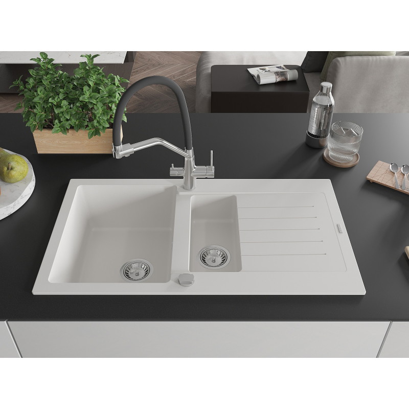 Mexen Matias fregadero de granito de 1,5 senos con escurridor y grifo de cocina Duo, blanco - 6502-20-671701-07