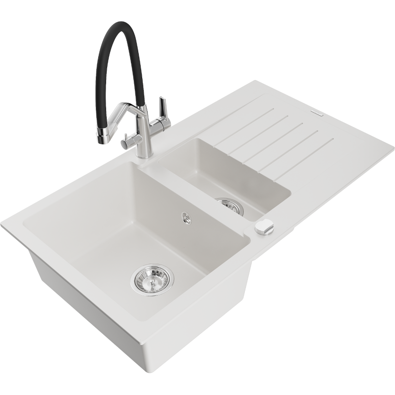 Mexen Matias granite sink 1.5-bowl with drainer and Duo kitchen tap, white - 6502-20-671701-07
