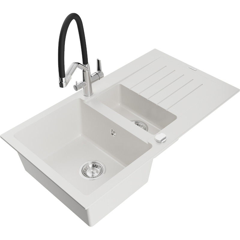 Mexen Matias lavello in granito a 1,5 vasche con scolapiatti e miscelatore cucina Duo, bianco - 6502-20-671701-07
