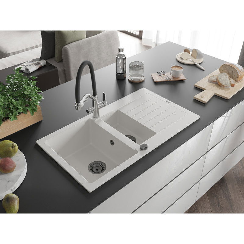 Mexen Matias 1.5-bowl granite sink with drainer and Duo kitchen tap, white - 6502-20-671701-07-B
