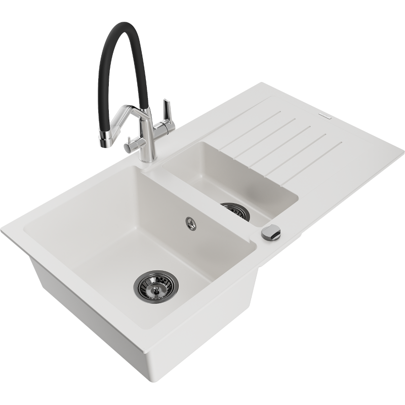 Mexen Matias lava-louça de granito 1,5 bacia com escorredor e torneira de cozinha Duo, branco - 6502-20-671701-07-B