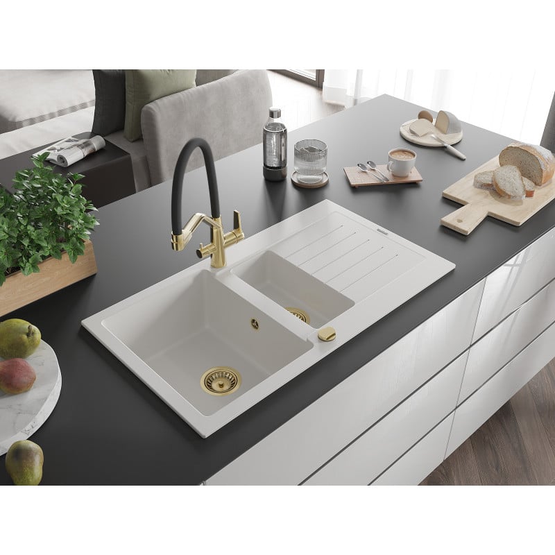 Mexen Matias fregadero de granito 1,5 tazones con escurridor y grifo de cocina Duo, blanco - 6502-20-671701-57-G