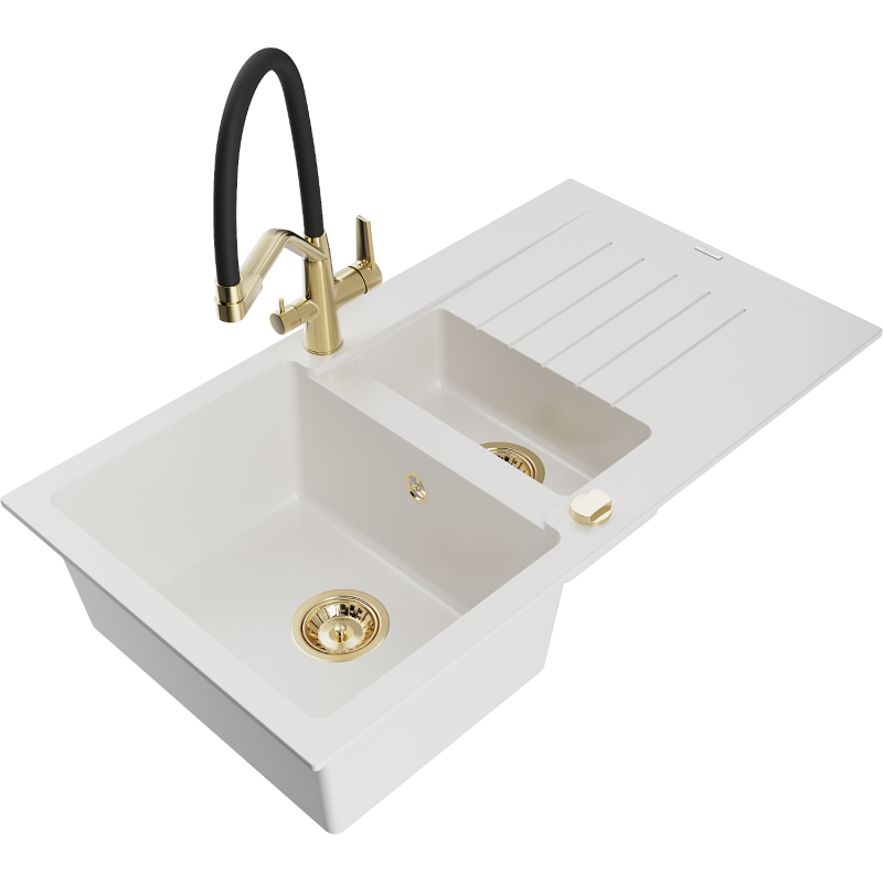 Mexen Matias fregadero de granito 1,5 tazones con escurridor y grifo de cocina Duo, blanco - 6502-20-671701-57-G