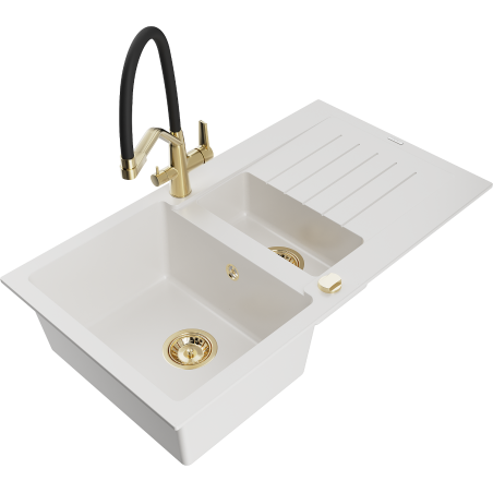 Mexen Matias fregadero de granito de 1,5 senos con escurridor y grifo de cocina Duo, blanco - 6502-20-671701-57-G