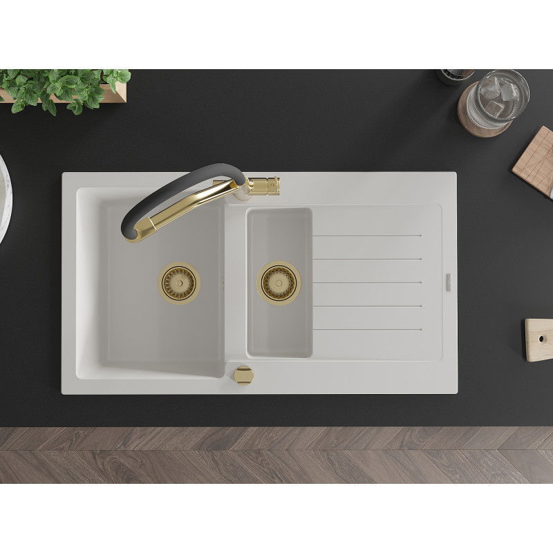Mexen Matias granite sink 1.5-bowl with drainer and Duo kitchen tap, white - 6502-20-671701-57-G