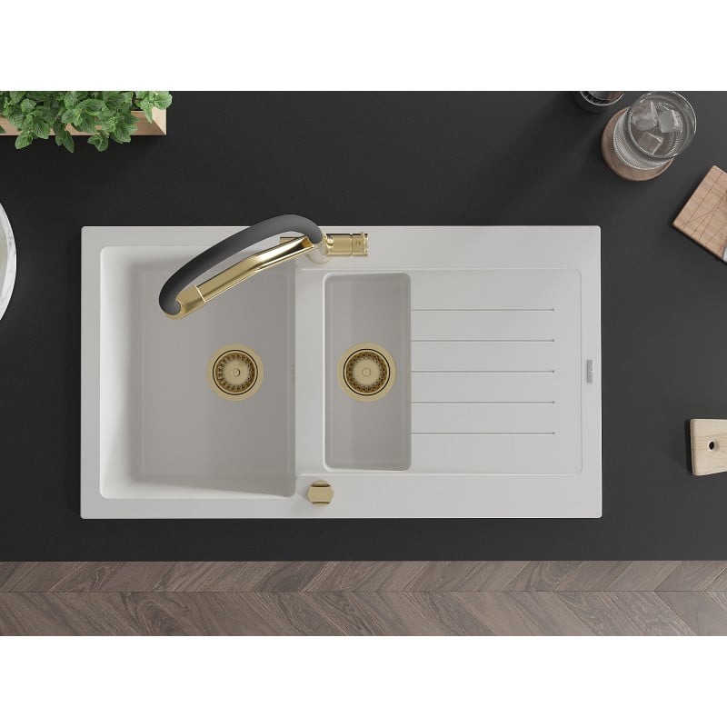 Mexen Matias lava-louça de granito 1,5 cubas com escorredor e torneira de cozinha Duo, branco - 6502-20-671701-57-G