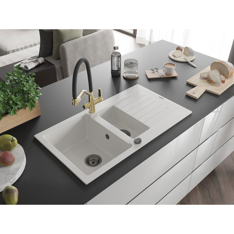 Mexen Matias granite sink 1.5-bowl with drainer and Duo kitchen tap, white - 6502-20-671701-57-B