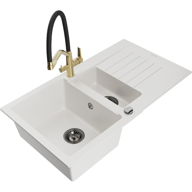 Mexen Matias fregadero de granito de 1,5 senos con escurridor y grifo de cocina Duo, blanco - 6502-20-671701-57-B