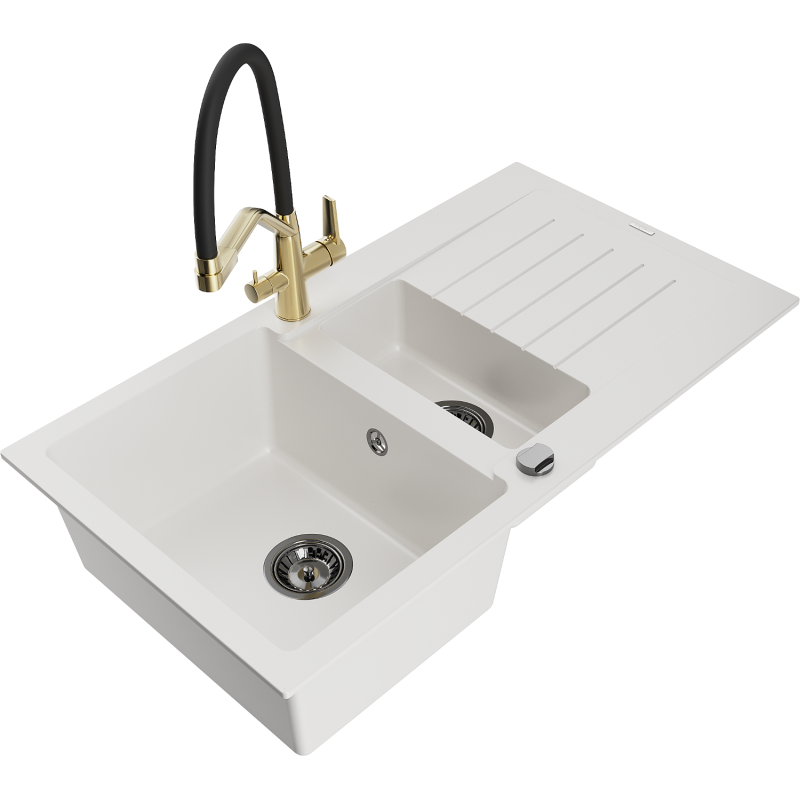 Mexen Matias granite sink 1.5-bowl with drainer and Duo kitchen tap, white - 6502-20-671701-57-B