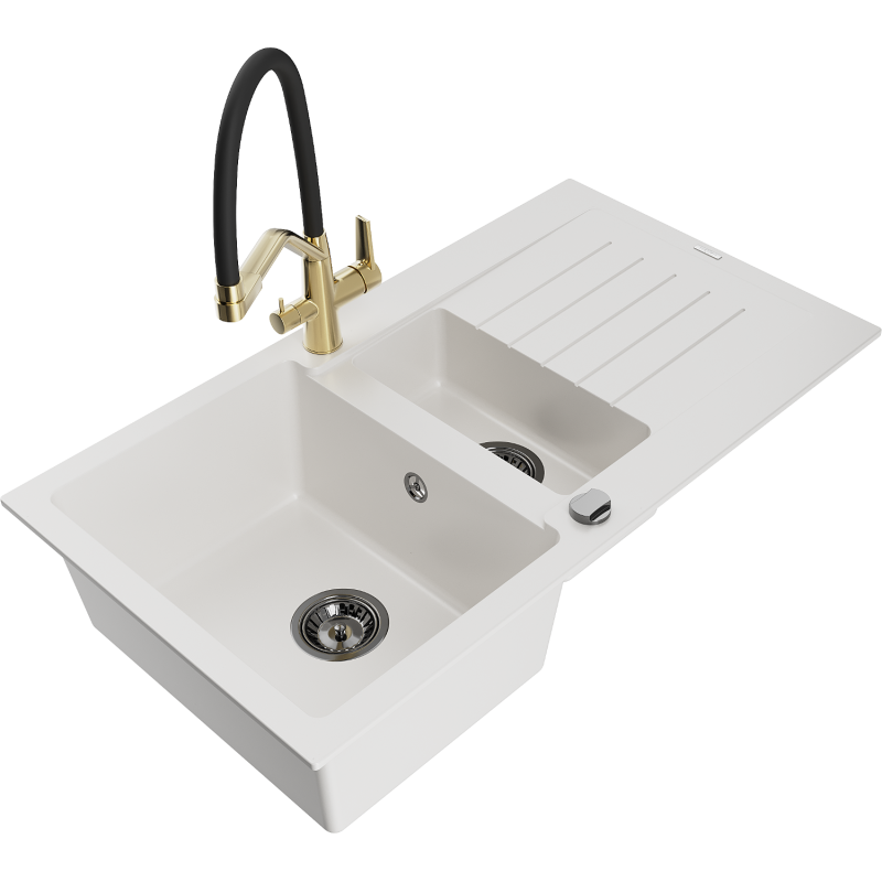 Mexen Matias lava-loiça em granito de 1,5 cubas com escorredor e torneira de cozinha Duo, branco - 6502-20-671701-57-B