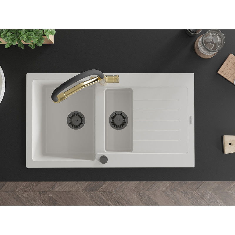 Mexen Matias lavello in granito 1,5 vasche con scolapiatti e rubinetto da cucina Duo, bianco - 6502-20-671701-57-B