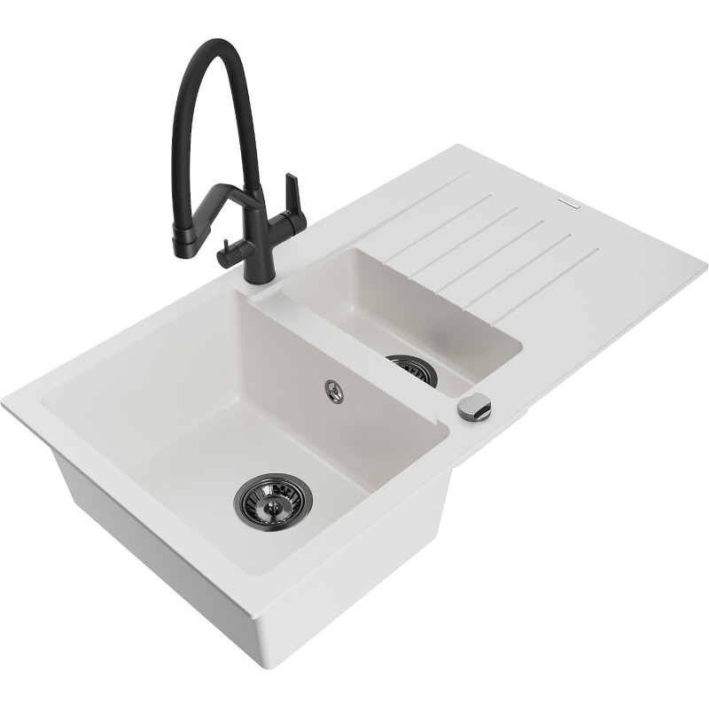 Mexen Matias fregadero de granito 1,5 senos con escurridor y grifo de cocina Duo, blanco - 6502-20-671701-70-B