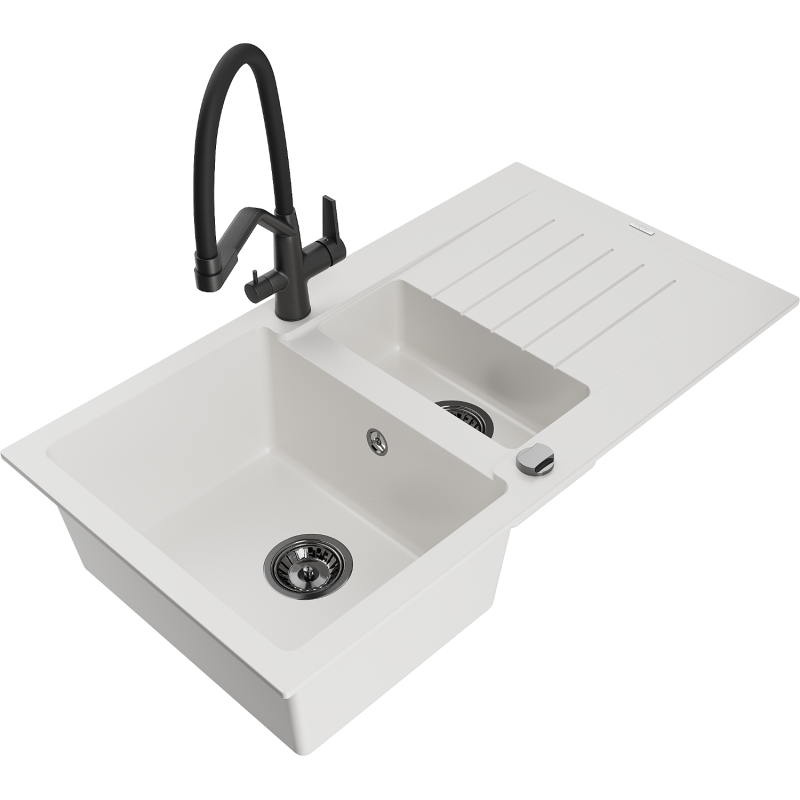 Mexen Matias lava-louça de granito 1,5-bacia com escorredor e torneira de cozinha Duo, branco - 6502-20-671701-70-B