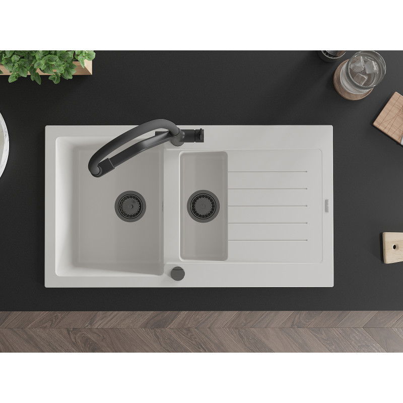 Mexen Matias 1.5-bowl granite sink with drainer and Duo kitchen tap, white - 6502-20-671701-70-B