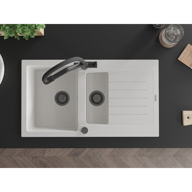 Mexen Matias lavello in granito a 1,5 vasche con scolapiatti e rubinetto da cucina Duo, bianco - 6502-20-671701-70-B