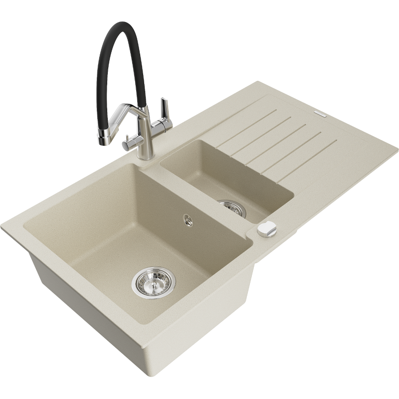 Mexen Matias fregadero de granito de 1,5 senos con escurridor y grifo de cocina Duo, beige - 6502-69-671701-07