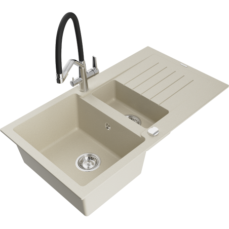 Mexen Matias granieten spoelbak 1,5-kamer met afdruiprek en keukenmengkraan Duo, beige - 6502-69-671701-07
