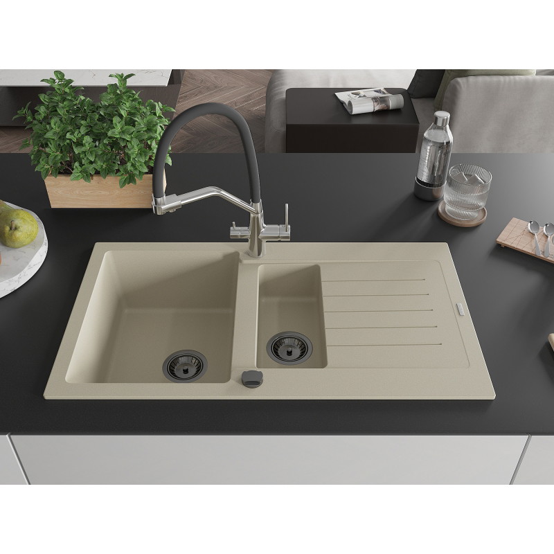 Mexen Matias Granitspüle 1,5-beckig mit Abtropffläche und Küchenarmatur Duo, beige - 6502-69-671701-07-B