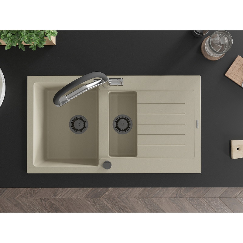 Mexen Matias granitspüle 1,5-becken mit abtropffläche und küchenarmatur Duo, beige - 6502-69-671701-07-B