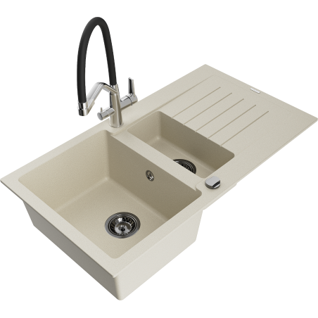 Mexen Matias granieten gootsteen 1,5-kamer met afdruiprek en keukenmengkraan Duo, beige - 6502-69-671701-07-B