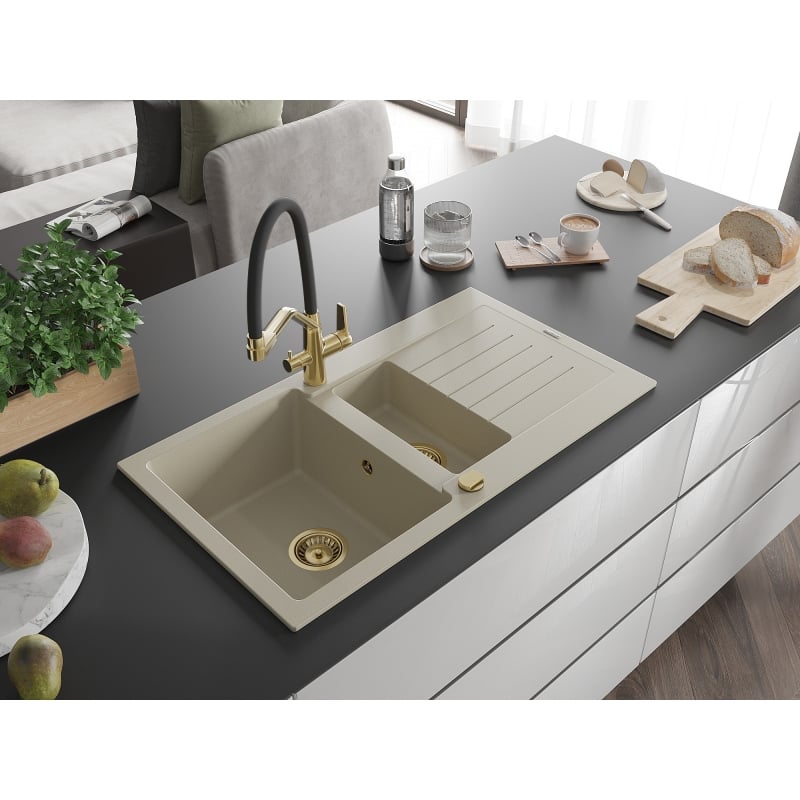 Mexen Matias 1.5-bowl granite sink with drainer and Duo kitchen faucet, beige - 6502-69-671701-57-G