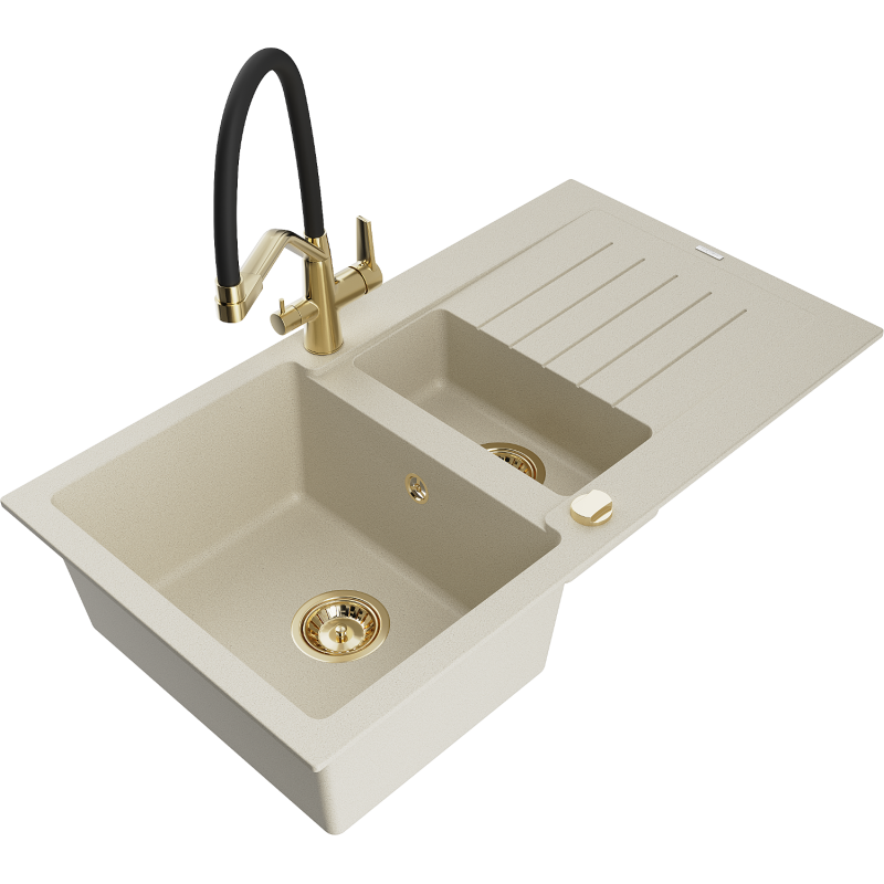 Mexen Matias lava-louça de granito 1,5-bacia com escorredor e torneira de cozinha Duo, bege - 6502-69-671701-57-G
