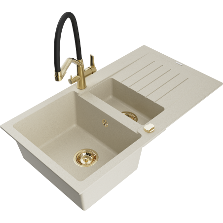 Mexen Matias lavello in granito 1,5 vasca con scolapiatti e rubinetto da cucina Duo, beige - 6502-69-671701-57-G