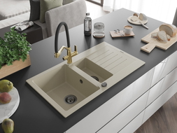 Mexen Matias 1,5-Kammer Granitspüle mit Abtropffläche und Küchenarmatur Duo, beige - 6502-69-671701-57-B