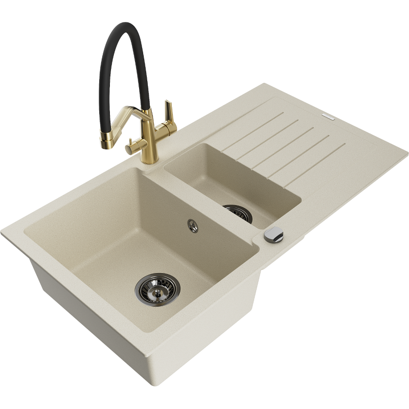 Mexen Matias fregadero de granito de 1,5 senos con escurridor y grifo de cocina Duo, beige - 6502-69-671701-57-B
