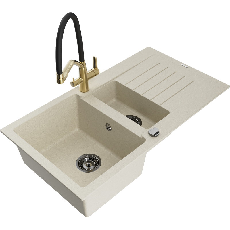 Mexen Matias granitische gootsteen 1,5-bak met afdruiprek en Duo keukenkraan, beige - 6502-69-671701-57-B