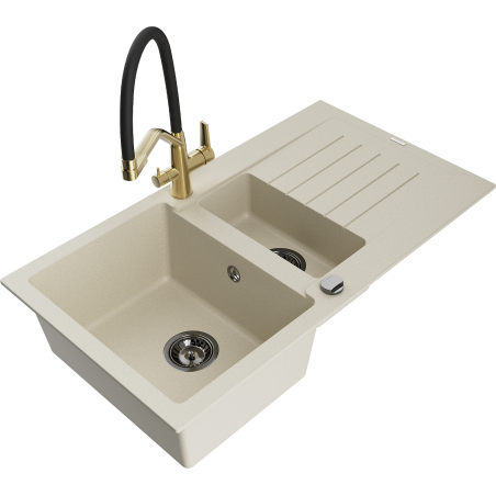 Mexen Matias granitische gootsteen 1,5-bak met afdruiprek en Duo keukenkraan, beige - 6502-69-671701-57-B