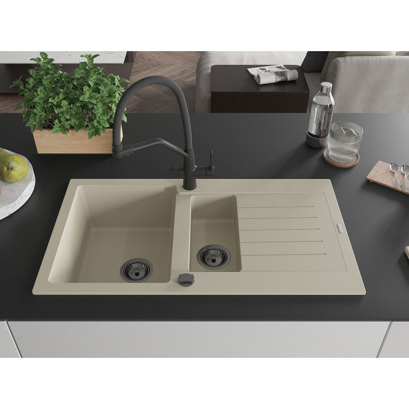 Mexen Matias lavello in granito 1,5 vasche con gocciolatoio e miscelatore da cucina Duo, beige - 6502-69-671701-70-B