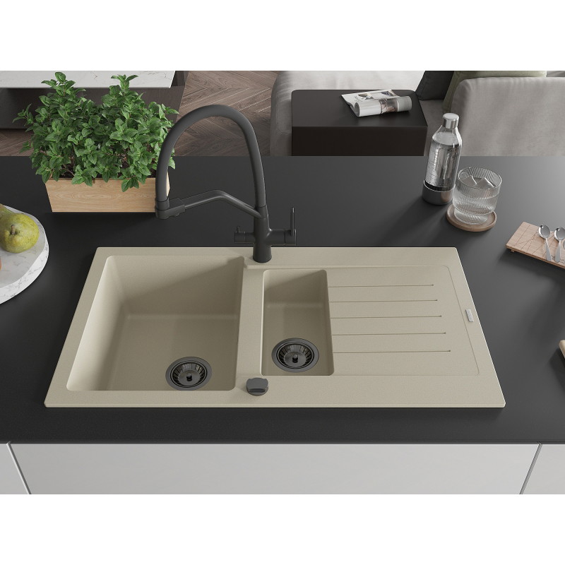 Mexen Matias lavello in granito 1,5 vasche con scolapiatti e rubinetto da cucina Duo, beige - 6502-69-671701-70-B