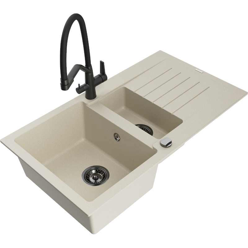 Mexen Matias fregadero de granito de 1,5 senos con escurridor y grifo de cocina Duo, beige - 6502-69-671701-70-B