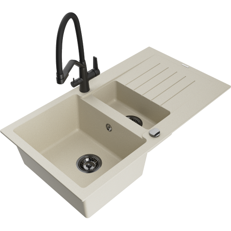 Mexen Matias granieten spoelbak 1,5-komerig met afdruiprek en Duo keukenmengkraan, beige - 6502-69-671701-70-B