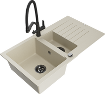 Mexen Matias fregadero de granito de 1,5 senos con escurridor y grifo de cocina Duo, beige - 6502-69-671701-70-B