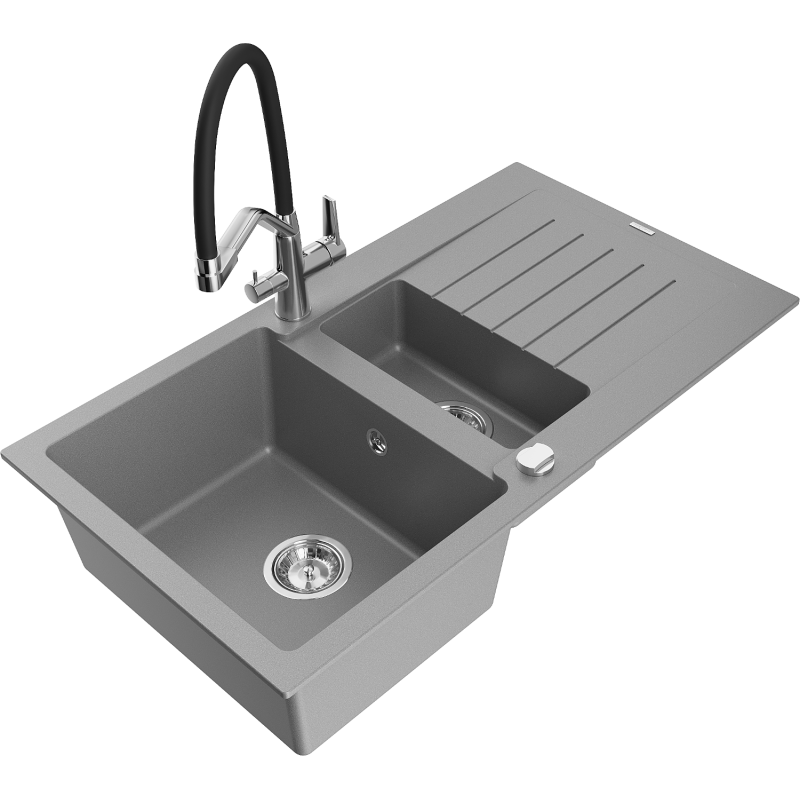 Mexen Matias fregadero de granito de 1,5 tazones con escurridor y grifo de cocina Duo, gris - 6502-71-671701-07