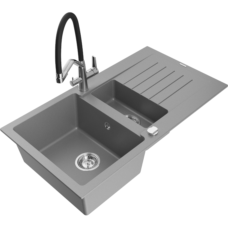 Mexen Matias lava-loiça de granito com 1,5 cubas, escorredor e torneira de cozinha Duo, cinza - 6502-71-671701-07