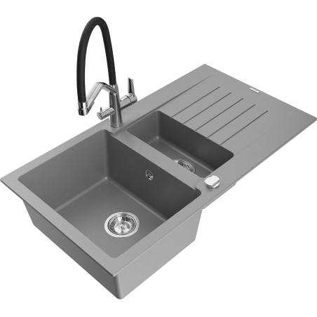Mexen Matias fregadero de granito de 1,5 senos con escurridor y grifo de cocina Duo, gris - 6502-71-671701-07