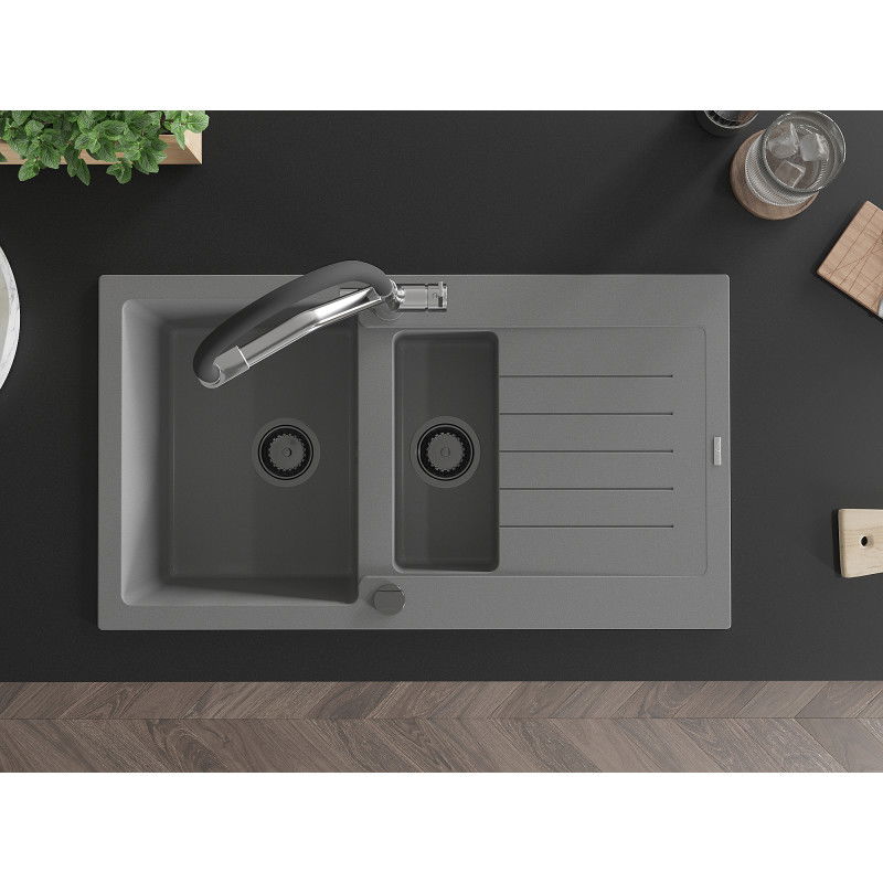 Mexen Matias fregadero de granito de 1,5 cubetas con escurridor y grifo de cocina Duo, gris - 6502-71-671701-07-B