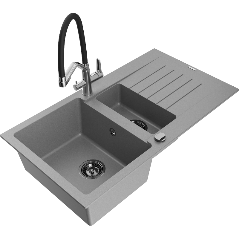 Mexen Matias Granite Sink 1.5-Bowl with Drainer and Duo Kitchen Tap, Grey - 6502-71-671701-07-B