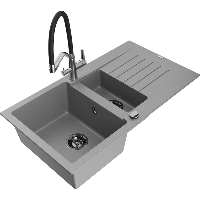 Mexen Matias lava-loiça de granito de 1,5 cubas com escorredor e misturadora de cozinha Duo, cinza - 6502-71-671701-07-B