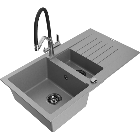 Mexen Matias Granite Sink 1.5-Bowl with Drainer and Duo Kitchen Tap, Grey - 6502-71-671701-07-B