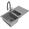 Mexen Matias granitische gootsteen 1,5-komor met afdruiprek en keukenmengkraan Duo, grijs - 6502-71-671701-07-B