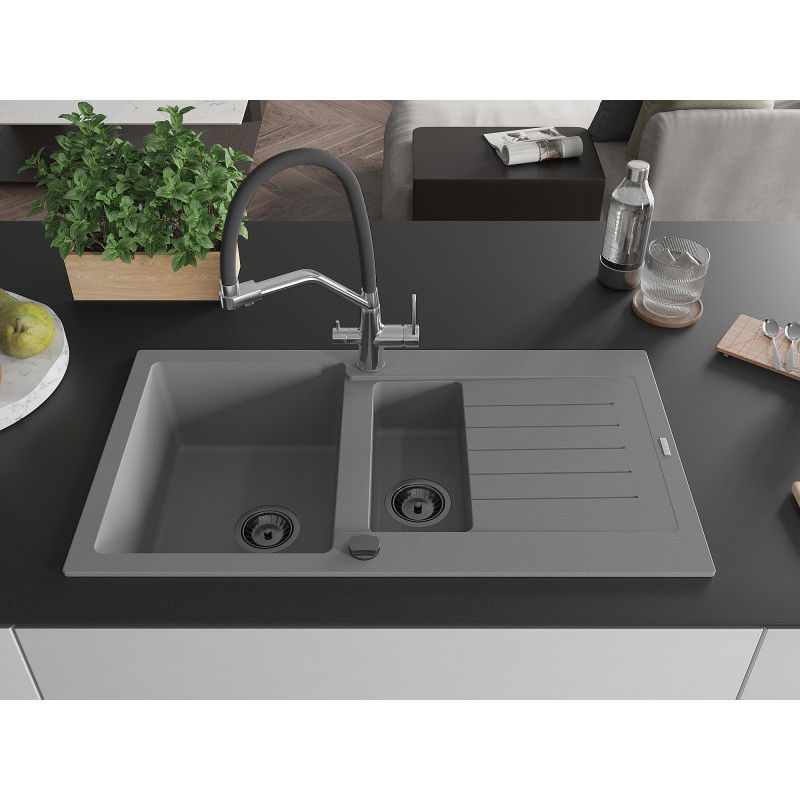 Mexen Matias fregadero de granito de 1,5 cubetas con escurridor y grifo de cocina Duo, gris - 6502-71-671701-07-B