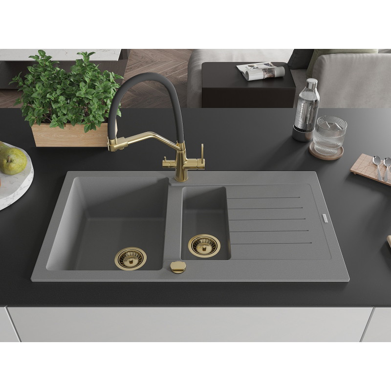 Mexen Matias fregadero de granito de 1,5 cubetas con escurridor y grifo de cocina Duo, gris - 6502-71-671701-57-G