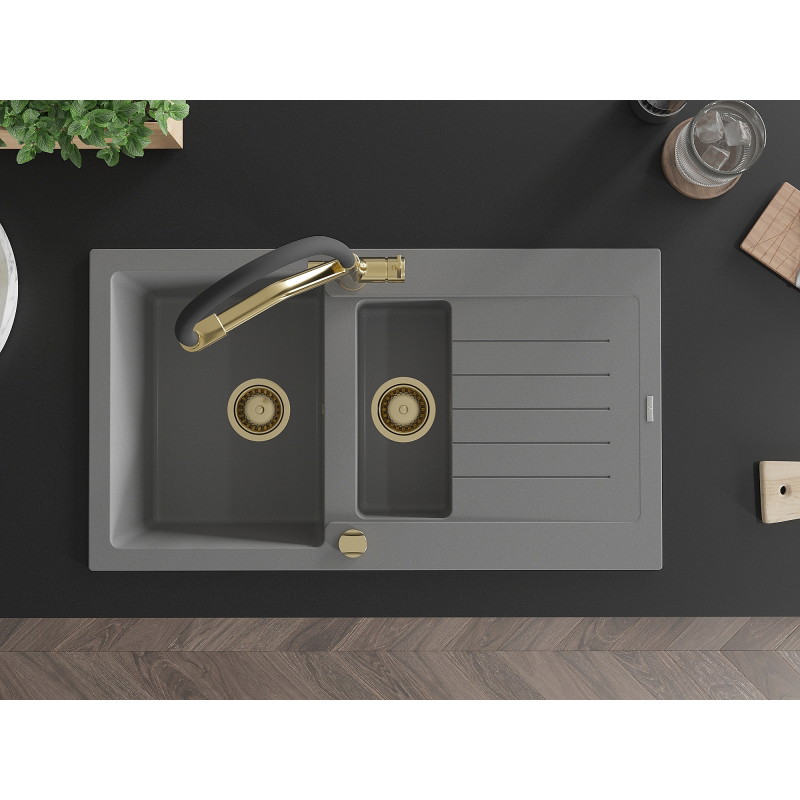 Mexen Matias fregadero de granito de 1,5 cubetas con escurridor y grifo de cocina Duo, gris - 6502-71-671701-57-G