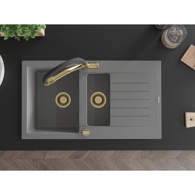 Mexen Matias fregadero de granito de 1,5 senos con escurridor y grifo de cocina Duo, gris - 6502-71-671701-57-G