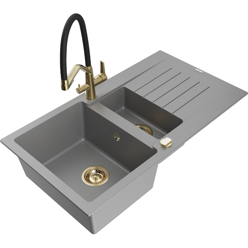 Mexen Matias fregadero de granito de 1,5 senos con escurridor y grifo de cocina Duo, gris - 6502-71-671701-57-G